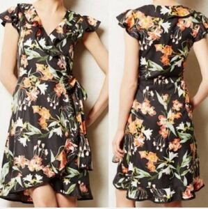 Anthropologie Hi there Karen walker hibiscus floral short sleeve wrap dress Sz 4